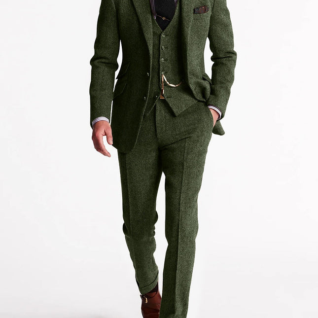 Men’s Three Piece Tweed Tuxedo Classic Tailored Suit Set