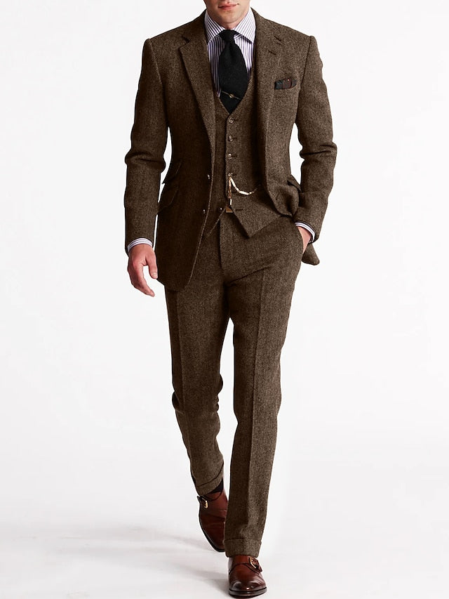 Men’s Three Piece Tweed Tuxedo Classic Tailored Suit Set