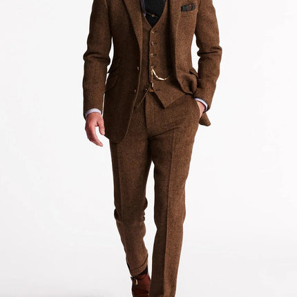 Men’s Three Piece Tweed Tuxedo Classic Tailored Suit Set