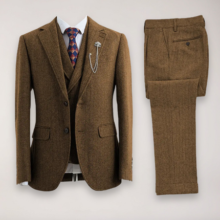 Men’s Tweed Herringbone Three Piece Suit Blazer Waistcoat and Trousers