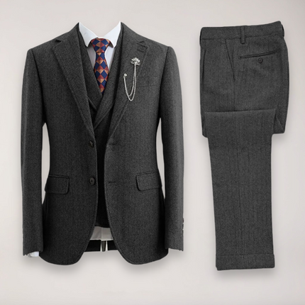 Men’s Tweed Herringbone Three Piece Suit Blazer Waistcoat and Trousers