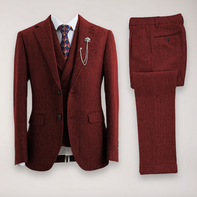 Men’s Tweed Herringbone Three Piece Suit Blazer Waistcoat and Trousers