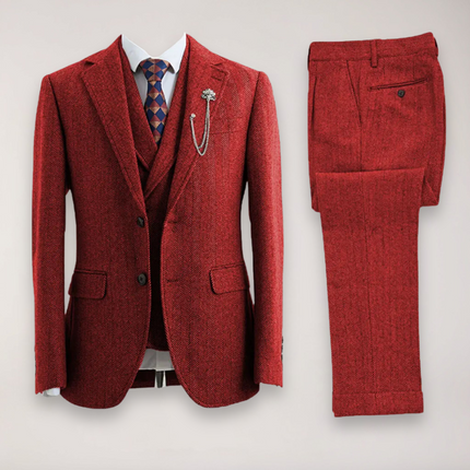 Men’s Tweed Herringbone Three Piece Suit Blazer Waistcoat and Trousers
