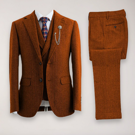 Men’s Tweed Herringbone Three Piece Suit Blazer Waistcoat and Trousers