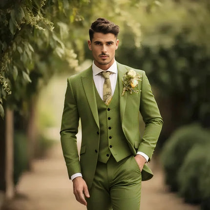 Mens Olive Green Suit Double Breasted Three Piece Suit Tux