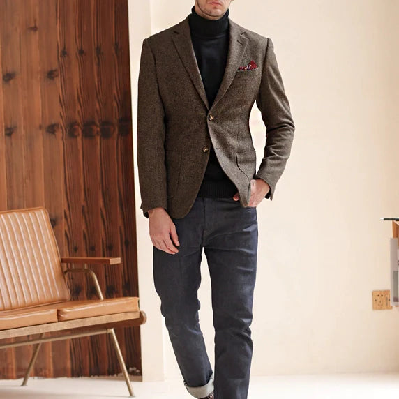 Men's Vintage Herringbone Tweed Notch Lapel Blazer Jacket