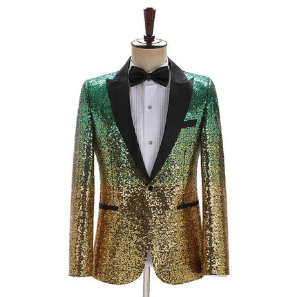 Men Fashion Gradual Change Color Sequins Tuxedos Suit Peak Lapel Blazer blazer sweetearing 3XLGreen-GoldRubber Tuxedos, Formalwear, Wedding suits, Business suits, Slim-fit suits, Classic suits, Black-tie attire, Dinner jackets, Prom suits