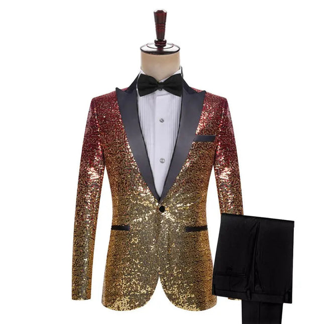 Men's Fashion Gradient Sequined Tuxedo Suit Peak lapel Men's Suit (Blazer + Vest + Pants+Bow tie) 3 pieces sweetearing 3XLBurgundy-Gold Tuxedos, Formalwear, Wedding suits, Business suits, Slim-fit suits, Classic suits, Black-tie attire, Dinner jackets, Prom suits