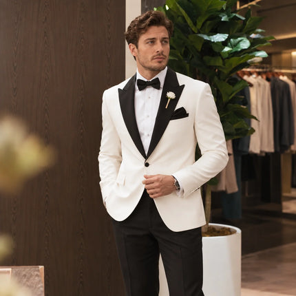 Men's White Suit 2 Piece Suit for Wedding Prom Party Formal Wear Sweetearing Black Collar Tuxedo