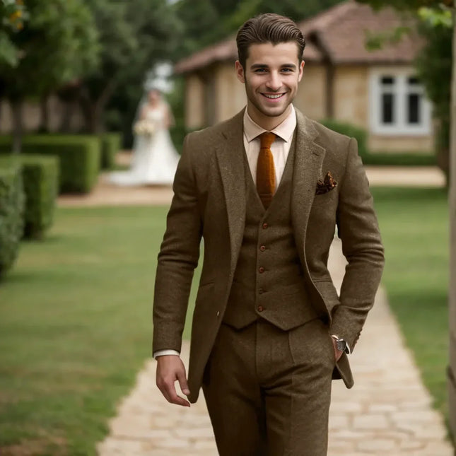 Mens 3 Piece Brown Tweed Suits Wedding Vintage Classic Suit Tuxedos