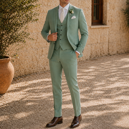 Men’s Sage Green 3 Piece Wedding Suit – Slim Fit Single Breasted Blazer