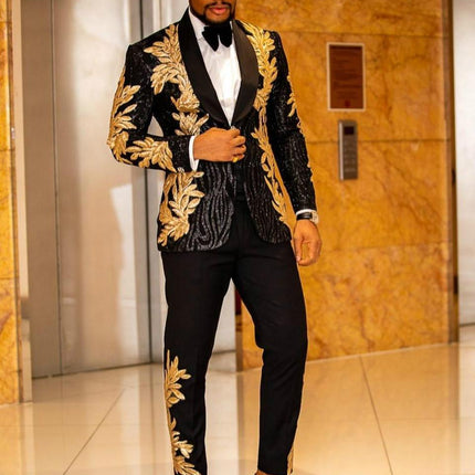 Men's 2-Piece Slim Fit Sequin Golden Leaves Embroidery Tuxedo 2 Pieces Suit sweetearing  Tuxedos, Formalwear, Wedding suits, Business suits, Slim-fit suits, Classic suits, Black-tie attire, Dinner jackets, Prom suits