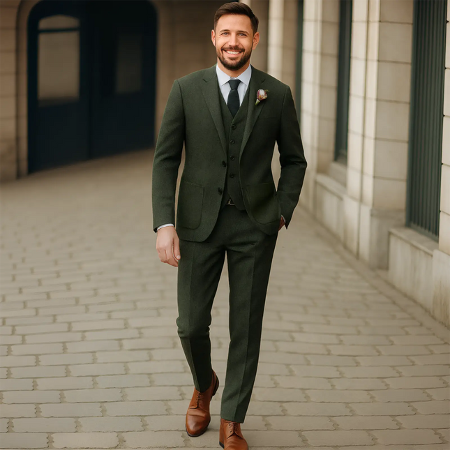 Mens 3 Piece Green Tweed Suits Wedding Vintage Classic Suit Tuxedos