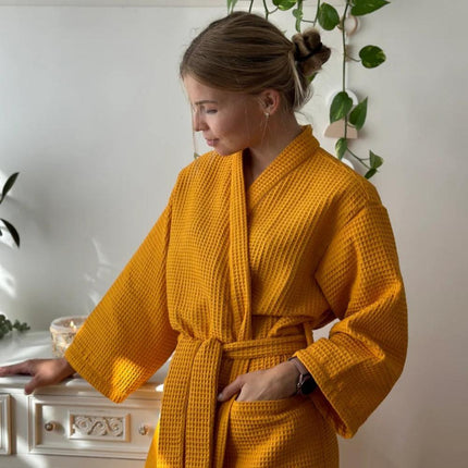 Cotton Waffle Bathrobe V-Neck Lightweight Breathable Dressing Gown