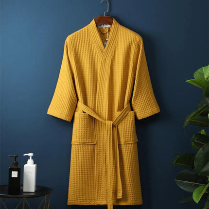 Cotton Waffle Bathrobe V-Neck Lightweight Breathable Dressing Gown