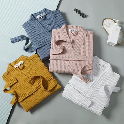 Cotton Waffle Bathrobe V-Neck Lightweight Breathable Dressing Gown