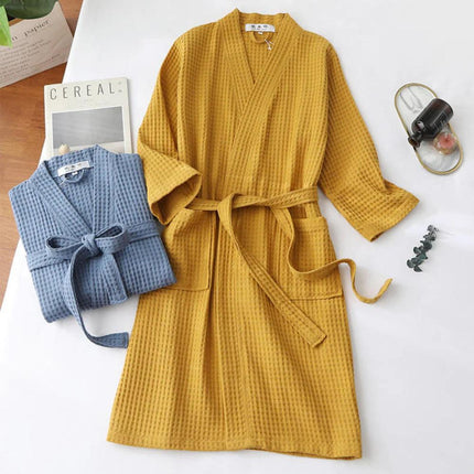 Cotton Waffle Bathrobe V-Neck Lightweight Breathable Dressing Gown