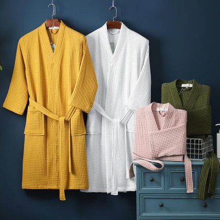 Cotton Waffle Bathrobe V-Neck Lightweight Breathable Dressing Gown