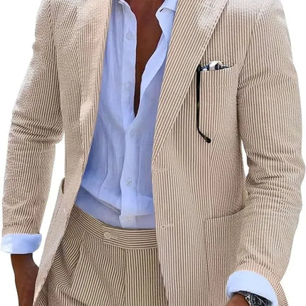 Men’s Summer Seersucker Suit 2 Piece – Lightweight Beach Wedding Suit Set