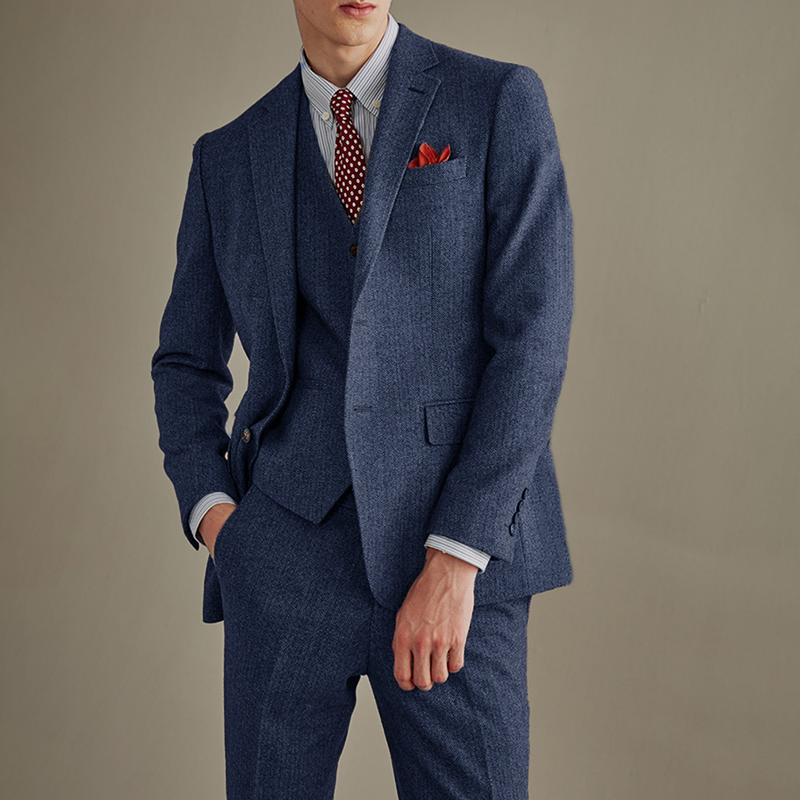 Pieces Herringbone Tweed Suit Fashion 3-Piece Mens Suit with