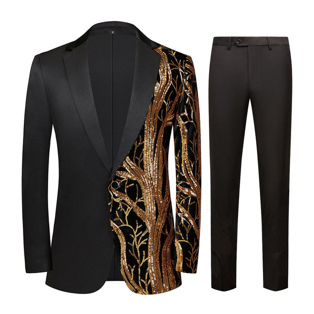 Men's 2-Pieces Branch Embroidered Sequin Jacket and Pants
