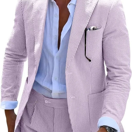 Men’s Summer Seersucker Suit 2 Piece – Lightweight Beach Wedding Suit Set