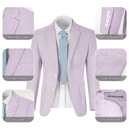 Men’s Summer Seersucker Suit 2 Piece – Lightweight Beach Wedding Suit Set