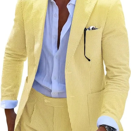 Men’s Summer Seersucker Suit 2 Piece – Lightweight Beach Wedding Suit Set