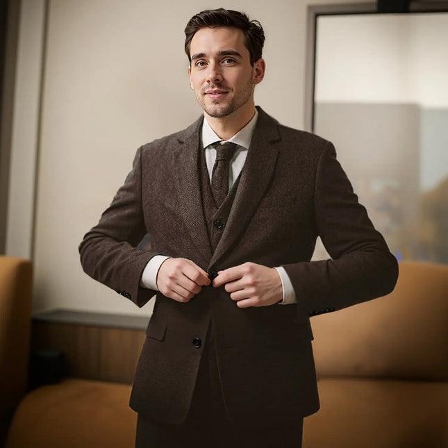 Mens 3 Piece Coffee Tweed Suits Wedding Vintage Classic Suit Tuxedos